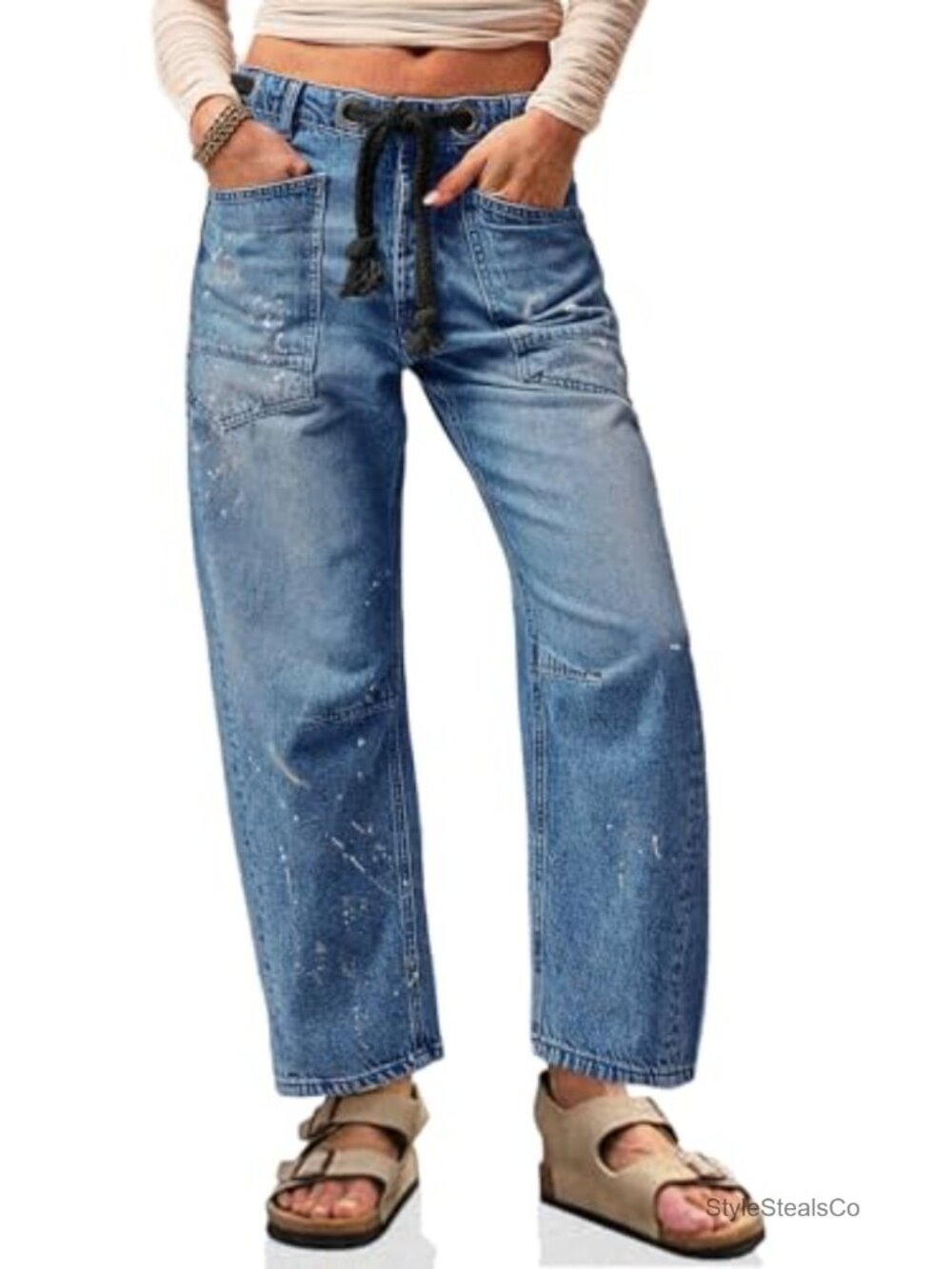 Baggy Barrel Horseshoe Wide Leg High Waist Drawstring Denim Pants